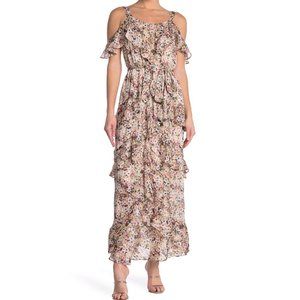NEW RACHEL Rachel Roy Women Beige Floral Ruffle Tiered Cold Shoulder Maxi Dress